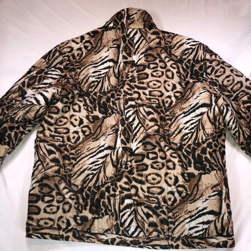 Clio 100% Silk Quilted Jacket Womens L Leopard Tiger Animal Print Brown Puffer